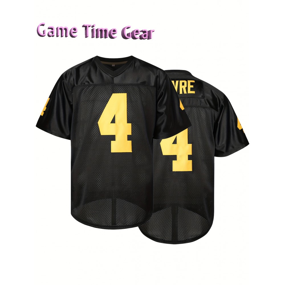 Men's #4 Embroidered Football Jersey - Breathable V-Neck, Casual Sports Shirt for Outdoor Activities & Parties, Black with Yellow Accents, Sizes S-XXXL