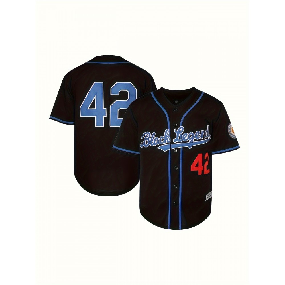 Men'S #42 Letter Embroidery Short Sleeve V-neck Loose Button Up Shirt, Men'S Summer Retro Casual Baseball Jersey, Party And Festival