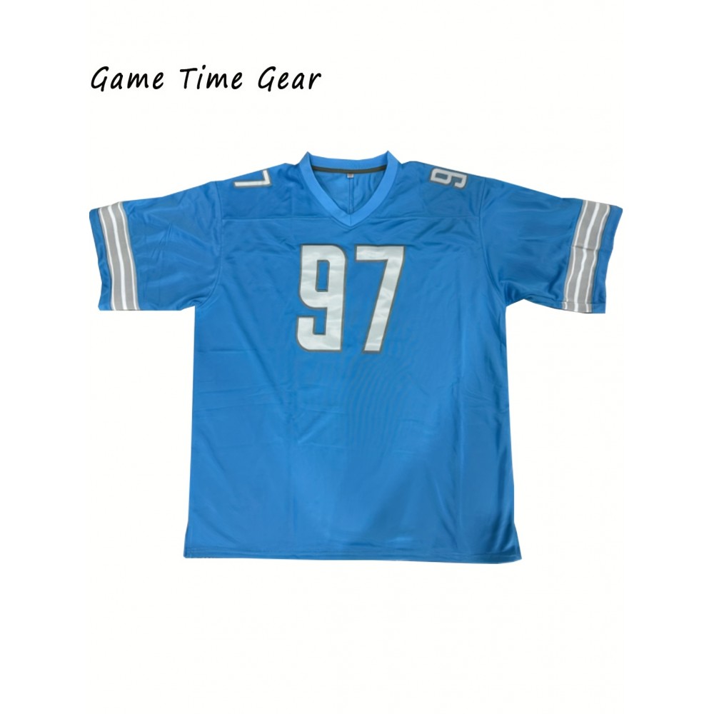 Men's #97 Blue Embroidered Rugby Jersey - 100% Polyester V-Neck Sportswear with Slight Elastic Fabric, Loose Fit for Casual & Team Sports, Machine Washable, Sizes S-3XL for Adults & Teens