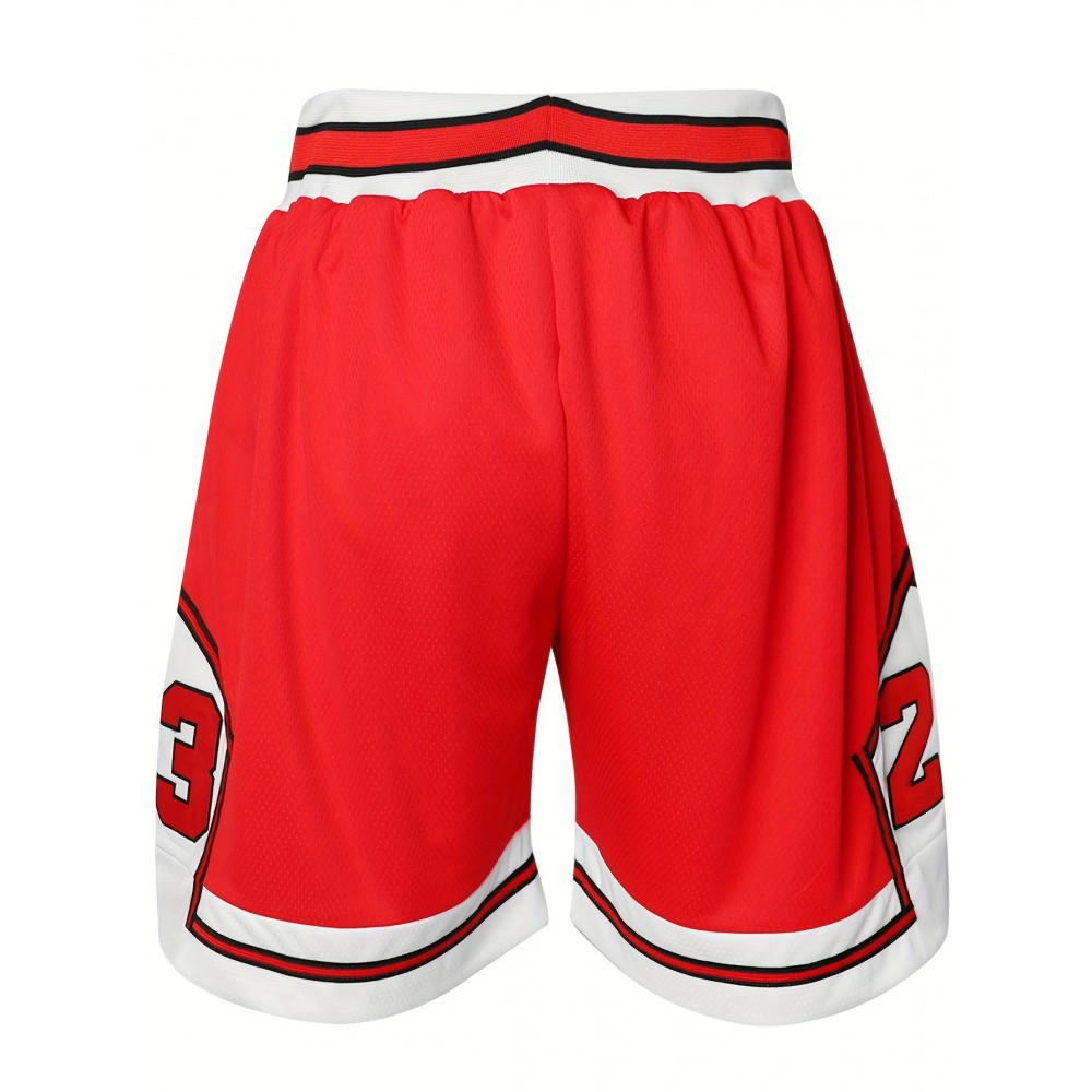 Men's #23 Embroidered Basketball Shorts - Breathable Polyester, Red & White Design, Elastic Waistband with Drawstring, Machine Washable, Perfect for Sports, Outdoor Activities & Casual Wear