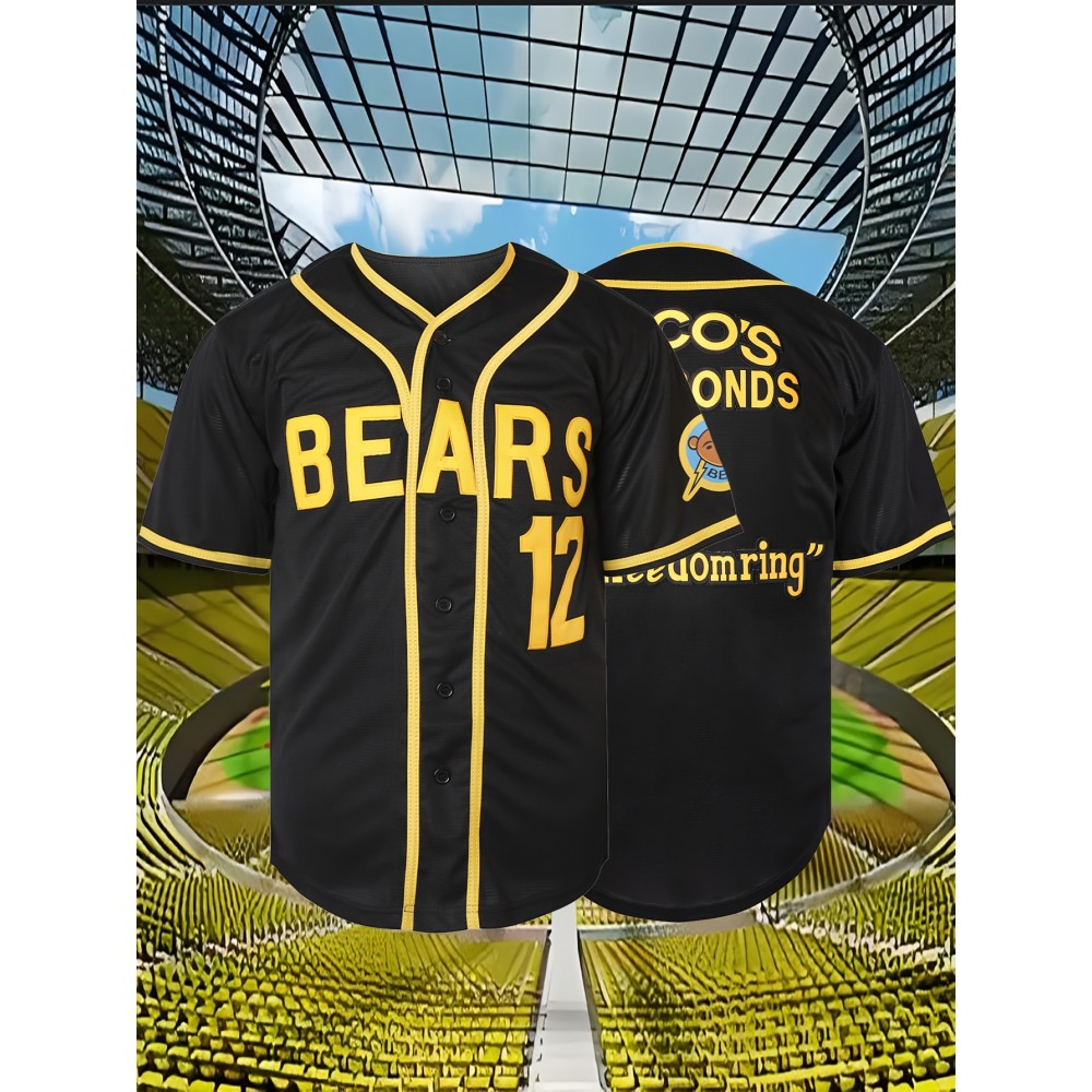 Men'S#12 Baseball Jersey, V-Neck Polyester Sports Top With Slight Stretch, Loose Fit With Button Closure, Letter And Number Pattern, Breathable Comfort For Training, Casual, Beach, Hiking - Sizes S-3XL