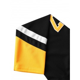 Men's #87 Black & Yellow Ice Hockey Jersey - Embroidered, Breathable Polyester, V-Neck Captain's Sweatshirt for Sports, Casual Streetwear, Machine Washable