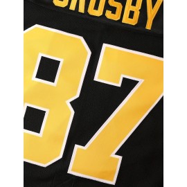 Men's #87 Black & Yellow Ice Hockey Jersey - Embroidered, Breathable Polyester, V-Neck Captain's Sweatshirt for Sports, Casual Streetwear, Machine Washable