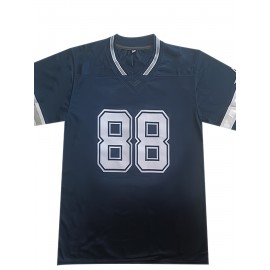 Men'S #88 Blue Breathable Rugby Jersey - V-Neck, Short Sleeve, Classic Embroidered American Football Shirt for Training & Sports