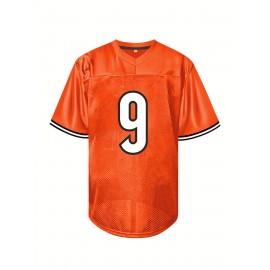 Men'S #9 Orange Embroidered American Football Jersey - V-Neck, Short Sleeve, Breathable Polyester Rugby Shirt for Training, Running & Outdoor Sports