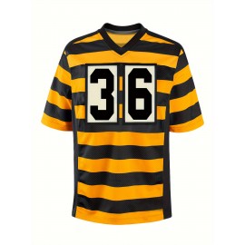 Men's #36 Breathable Rugby Jersey - V-Neck Short Sleeve Embroidered American Football Shirt with Bold Stripes, Loose Fit for Training, Matches & Casual Wear | All-Season Comfort, Machine Washable, Durable Sportswear