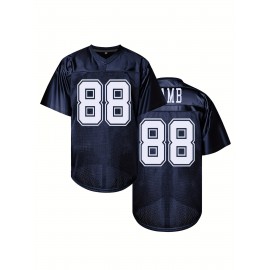 Men's Deep Blue #88 Embroidered Rugby Shirt - Breathable Polyester V-Neck Jersey, Loose Fit Stretch Knit for All-Season Training, Casual & Outdoor Activities - Machine Washable for Adults & Teens, Sports Training Gear, Durable Sports Apparel