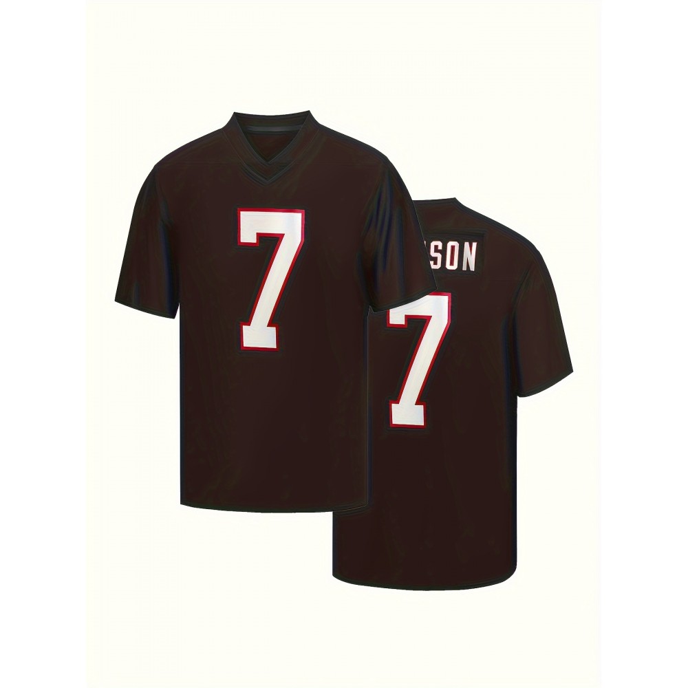 Men's Black #7 Embroidered Rugby Shirt - Breathable 100% Polyester V-Neck Jersey, Loose Fit Athletic Top for Running, Training, Hiking & Outdoor Activities - All-Season Machine Washable Sportswear for Adults & Teens