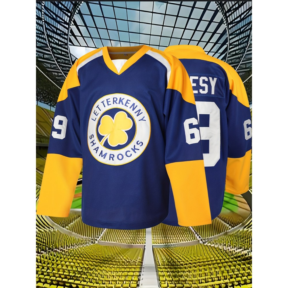 1pc Men'S Ice Hockey Jersey - Polyester V-Neck Long Sleeve Top with Embroidered Lettering, Breathable Knit Fabric, Sports & Casual Wear, Sizes S-3XL