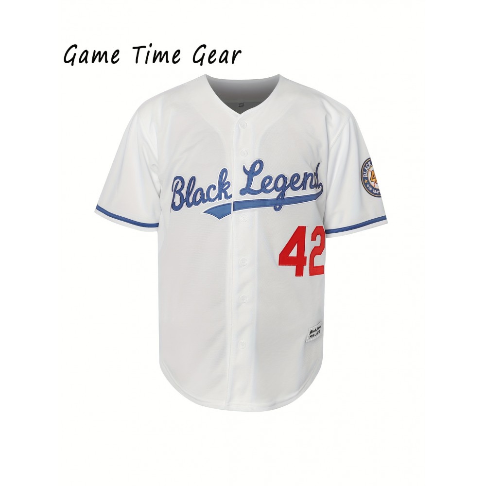 Men'S # 42 Embroidered Polyester Sweatshirt Loose V-neck Button With Slight Elasticity Knitted Fabric Men'S Color Block Design Size S-3XL