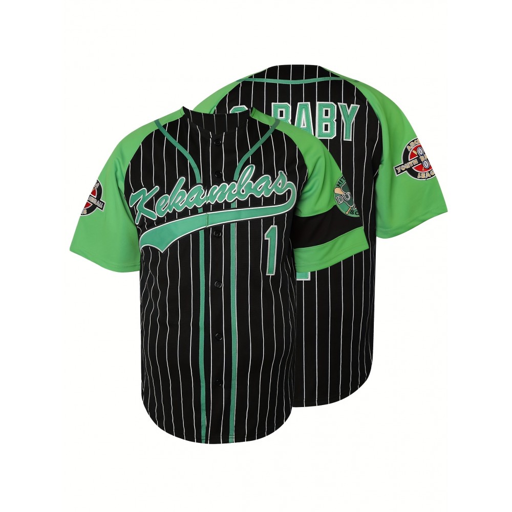 Men'S #1 Letter Embroidery Short Sleeve V-neck Loose Button Up Shirt, Men'S Summer Retro Casual Baseball Jersey, Party And Festival