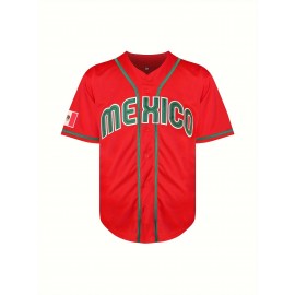 Men'S Classic Red Mexico 56 Baseball Jersey - V-Neck, Short Sleeve, Polyester - Ideal for Sports, Parties & Casual Wear