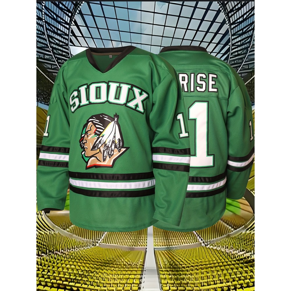 Men's #11 Green Ice Hockey Sweatshirt - Loose Fit, Embroidered Long Sleeves, Breathable Polyester, V-Neck, All-Season Sportswear for Training and Casual Wear, Size S-XXXL