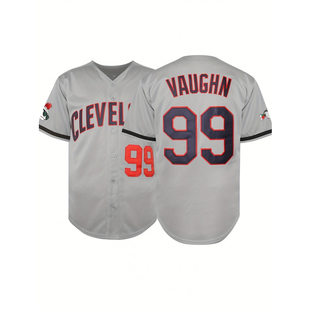 1pc Cleveland Sports Men's Baseball Jersey - V-Neck Loose Fit Polyester Knit Top with VAUGHN 99 Design, Red & Blue Accents, All-Season Casual & Festive Wear for Baseball, Parties, Outdoor Activities, Sports Apparel, Sporty Vneck Style, Detailing