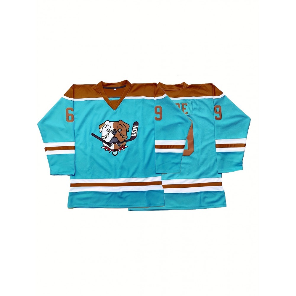 Men'S Vintage-Style Ice Hockey Jersey, S-3XL - Turquoise & Brown with Dog Design, V-Neck Captain'S Sweatshirt, Polyester, Machine Washable for Sports, Casual, Parties & Training