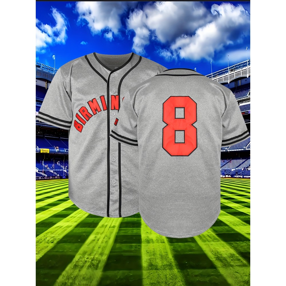Men's Loose Baseball Jersey #8, 100% Polyester V-Neck Sports Shirt with Number, Button Closure, Casual & Team Sports Top for Outdoor Activities, Sizes S-XXXL, Athletic Jersey | Sporty Vneck | Polyester Fiber